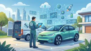 Современная иллюстрация мобильного автосервиса: мастер ремонтирует автомобиль с использованием цифровых технологий будущего.
