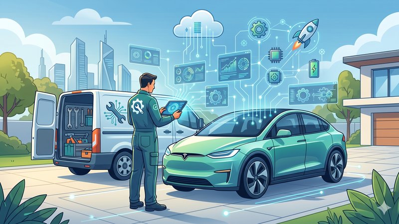 Современная иллюстрация мобильного автосервиса: мастер ремонтирует автомобиль с использованием цифровых технологий будущего.