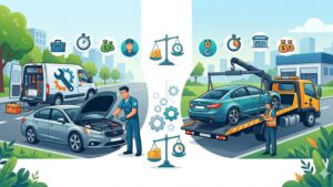 Иллюстрация сравнения выездного ремонта автомобиля и эвакуатора для расчета выгоды сервиса Интеза Авто
