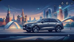 Футуристичный премиальный внедорожник на фоне современного cityscape Москвы как символ рыночных трендов 2026 года от Интеза Авто
